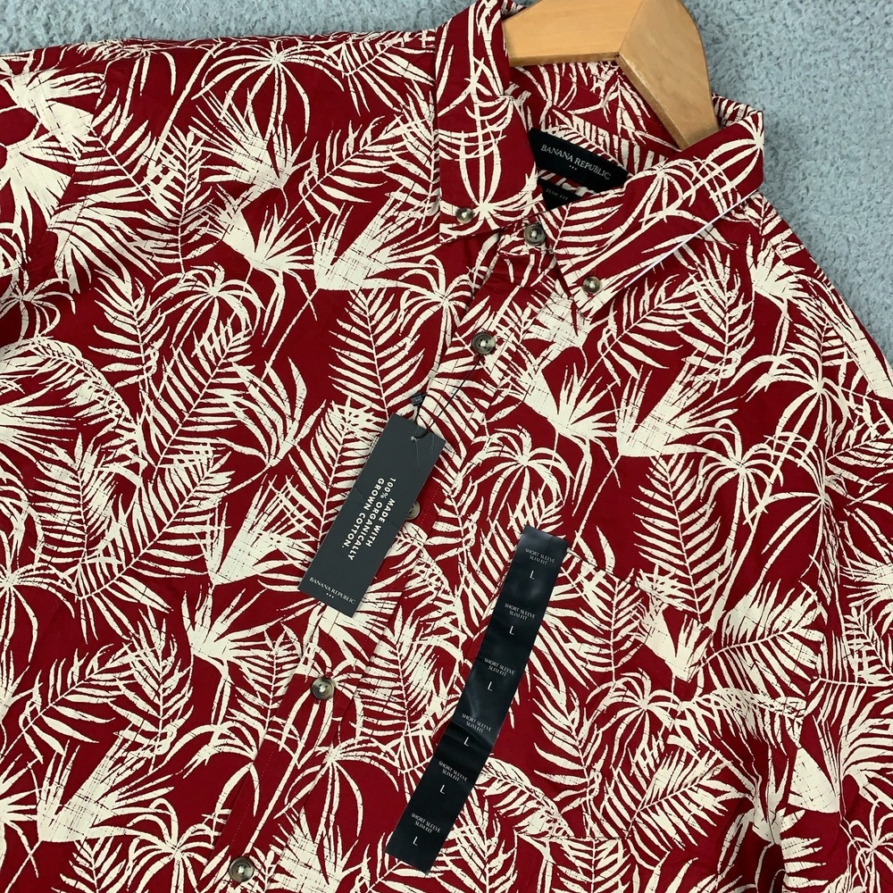 Banana Republic Shirt Mens Large Red/Cream Palm Print Slim Fit Hawaiian NWT $54
